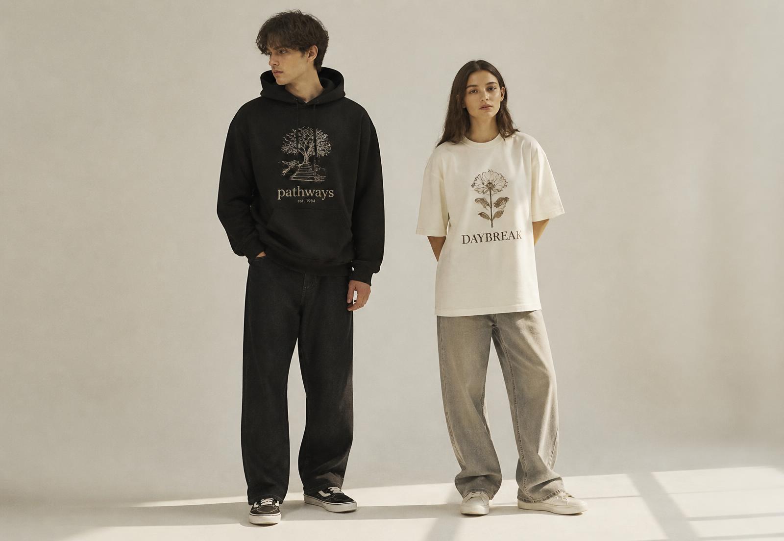 Merch Lab-ийн хэвлэлтэй hoodie болон футболка өмссөн хос